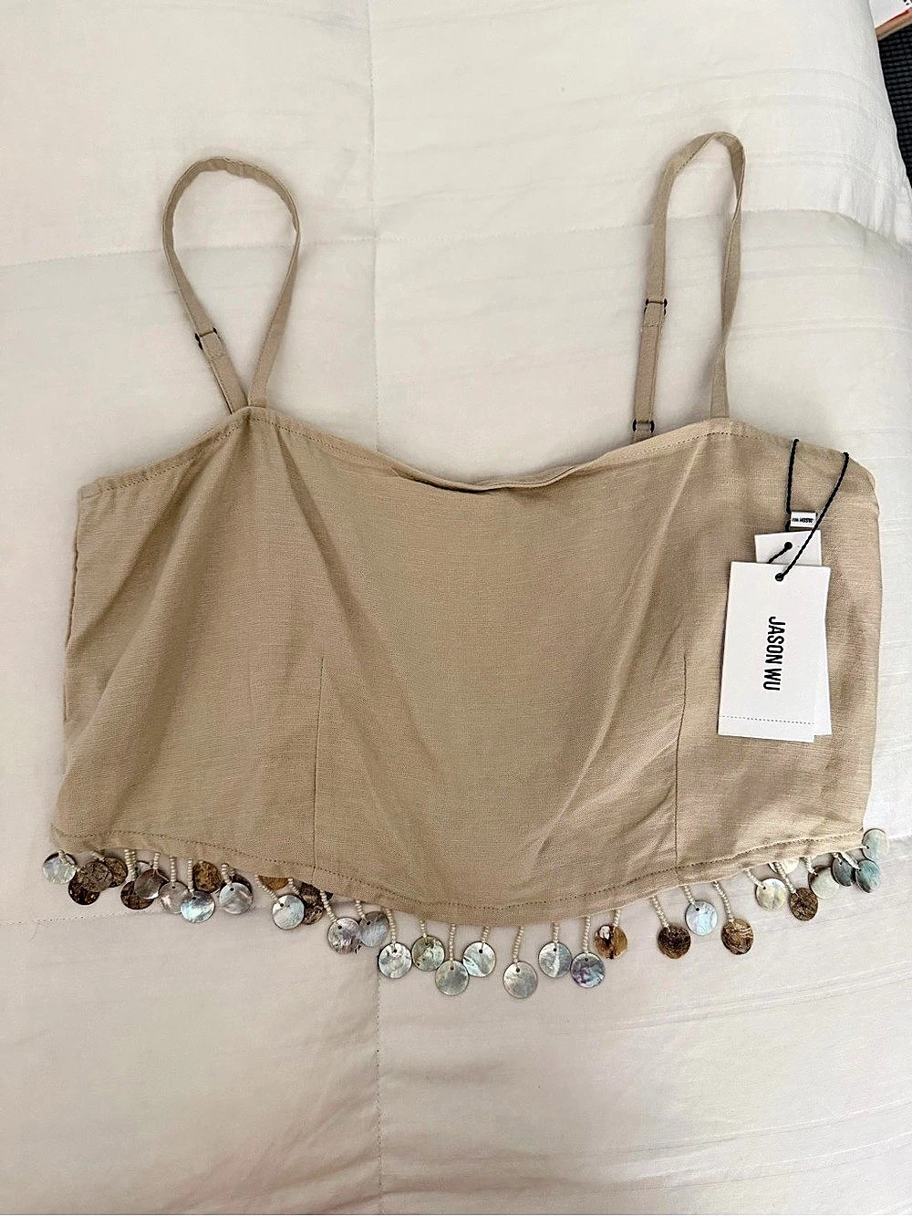 Jason Wu Linen Blend Shell Fringe Crop Top Beige Size 2